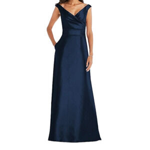 Alfred Sung dress D811s off the shoulder draped wrap satin maxi blue size 12